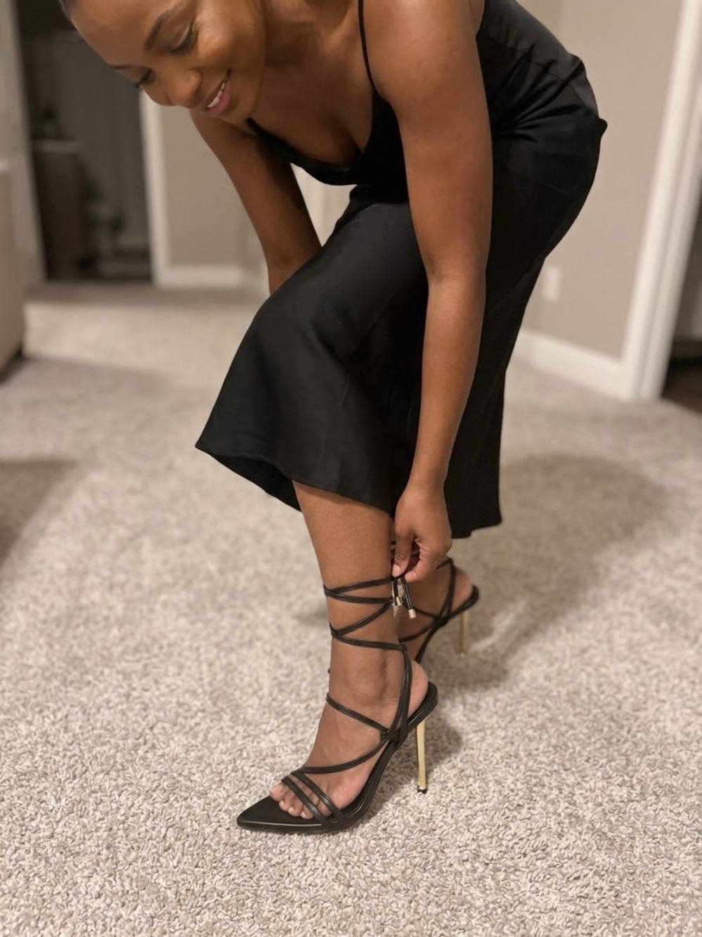 Black Strappy Stiletto Heels - Women's Lace-Up Pumps